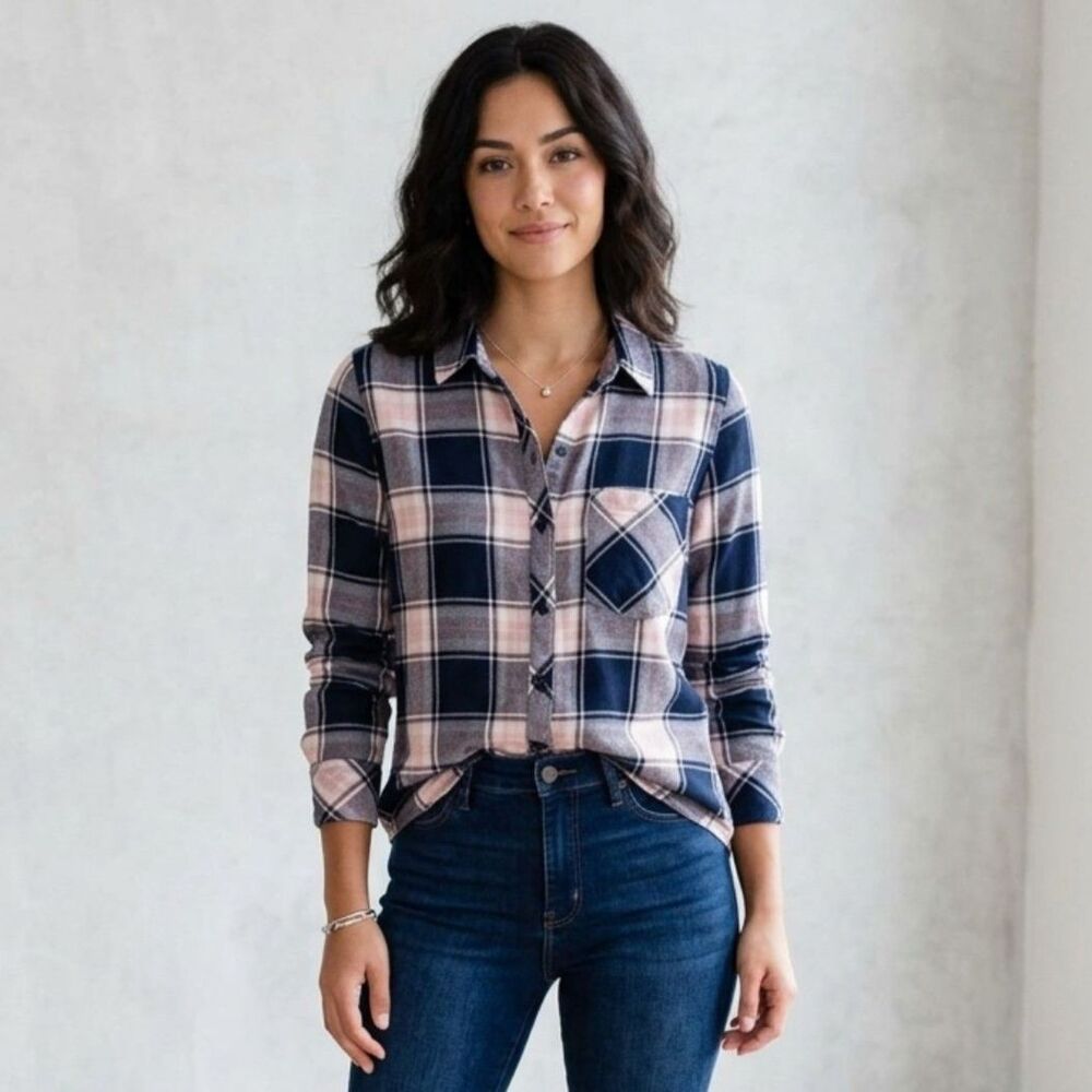 Cosmic Blue Love Womens Navy Pink Plaid Long Sleeve Flannel Button Up Shirt S